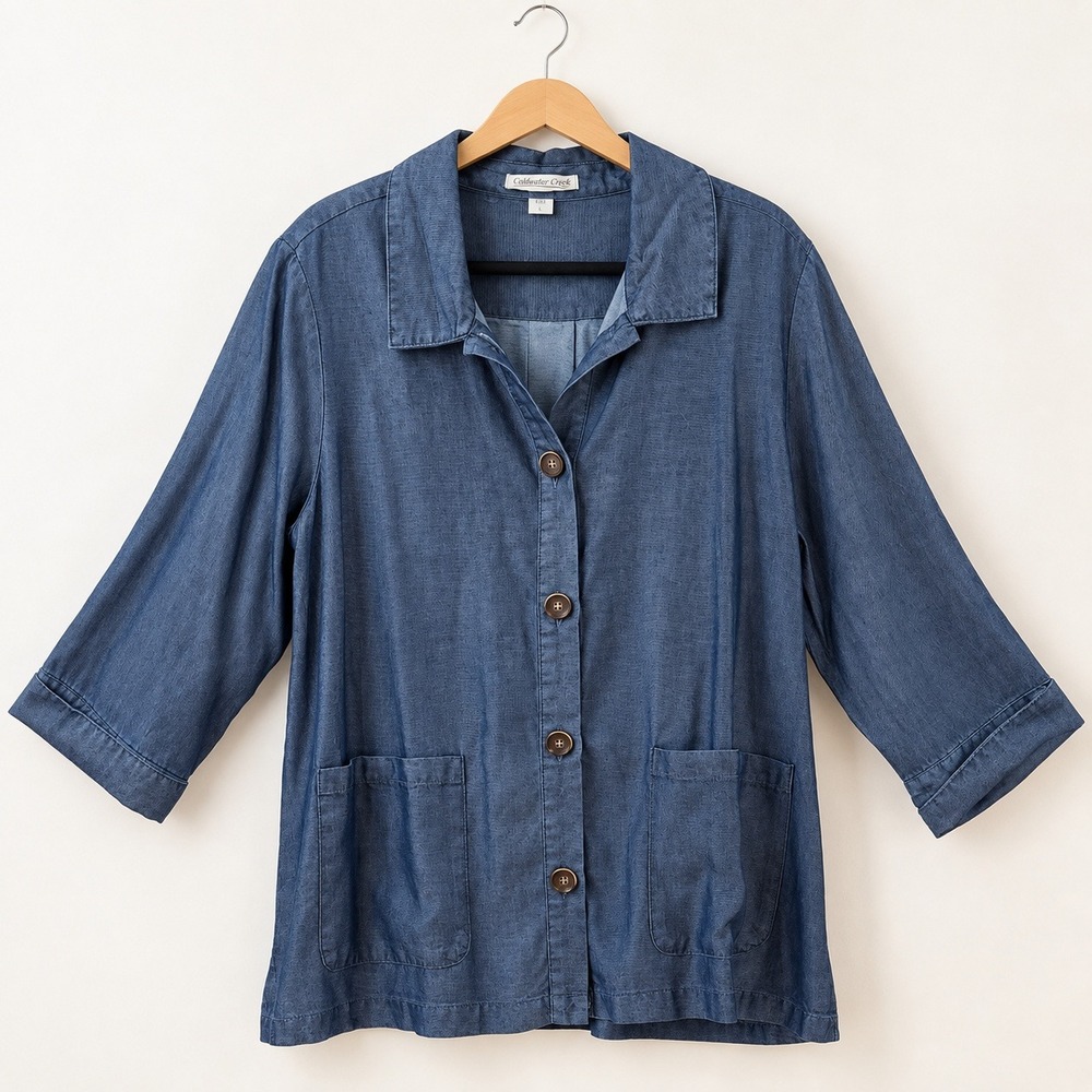 Coldwater Creek Tencel Denim Shirt Jacket Women L Chambray Lagen Coastal Grandma